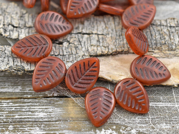 *15* 16x12mm Brown Washed Burnt Orange Top Drilled Dogwood Leaf Beads