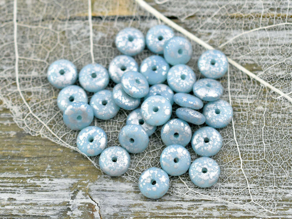 *50* 6x2mm Antique Silver Washed Ice Blue Silk Smooth Rondelle Beads