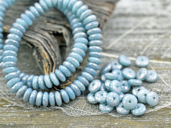 *50* 6x2mm Antique Silver Washed Ice Blue Silk Smooth Rondelle Beads