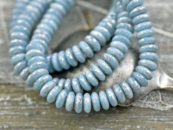 *50* 6x2mm Antique Silver Washed Ice Blue Silk Smooth Rondelle Beads