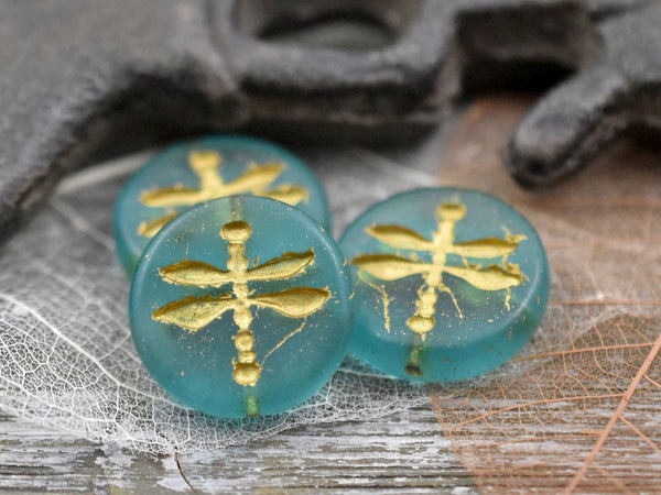 *4* 18mm Gold Washed Matte Aqua Blue Dragonfly Coin Beads