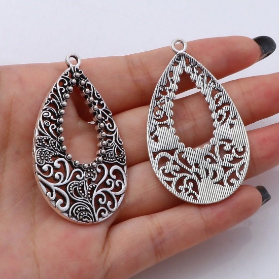 *2* 52x30mm Antique Silver Earring Drops