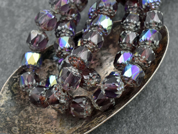 *15* 8mm Amethyst Picasso AB Fire Polished Cathedral Beads