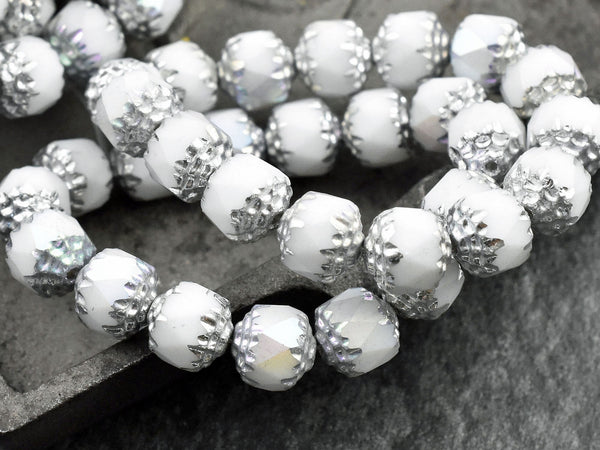 *15* 8mm Silver Washed Opaque White AB Fire Polished Cathedral Beads