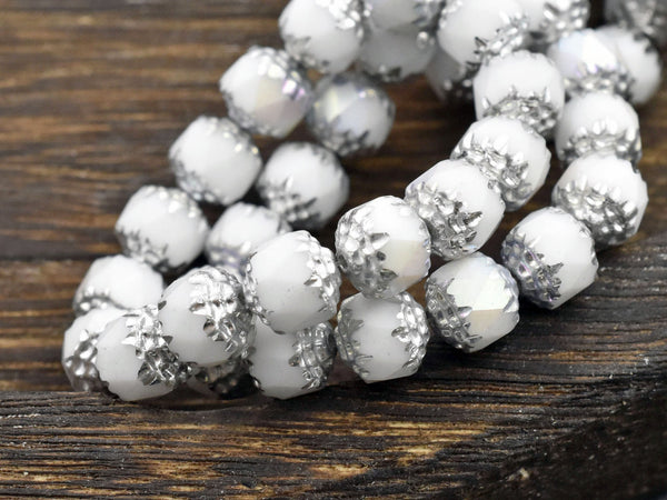 *15* 8mm Silver Washed Opaque White AB Fire Polished Cathedral Beads