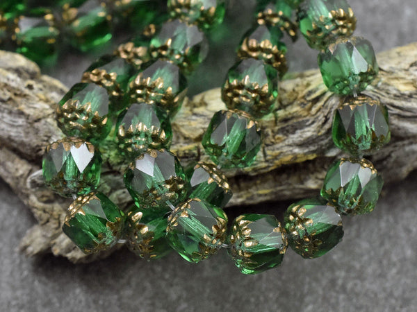 *15* 8mm Bronze Washed Emerald Green Fire Polished Cathedral Beads