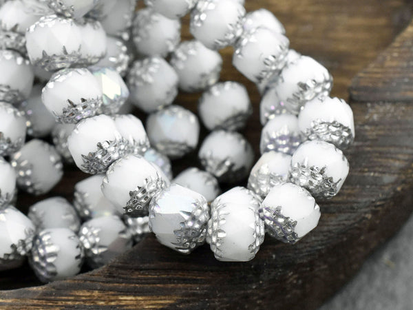 *15* 8mm Silver Washed Opaque White AB Fire Polished Cathedral Beads