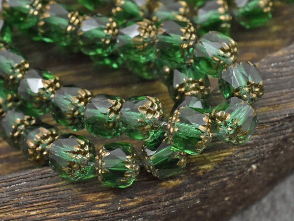 *15* 8mm Bronze Washed Emerald Green Fire Polished Cathedral Beads