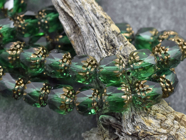 *15* 8mm Bronze Washed Emerald Green Fire Polished Cathedral Beads