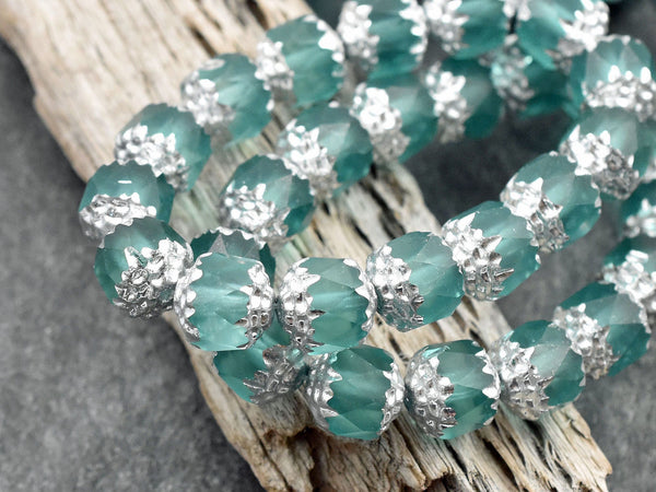 *15* 8mm Silver Washed Matte Translucent Lt. Teal Fire Polished Cathedral Beads