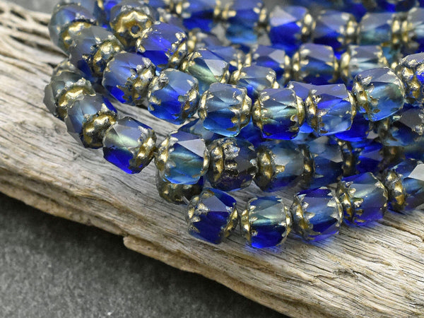 Gold Washed Mixed Matte Aqua & Sapphire Fire Polish Cathedral Beads