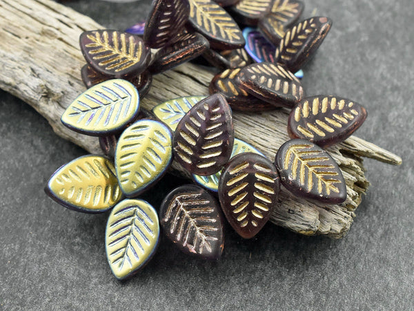 *15* 16x12mm Gold Washed Matte Purple AB Drilled Dogwood Leaf Beads