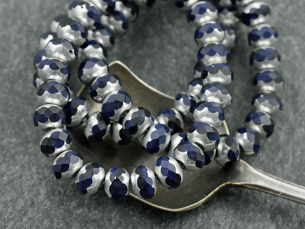 *25* 5x7mm Silver Washed Navy Blue Fire Polished Rondelle Beads