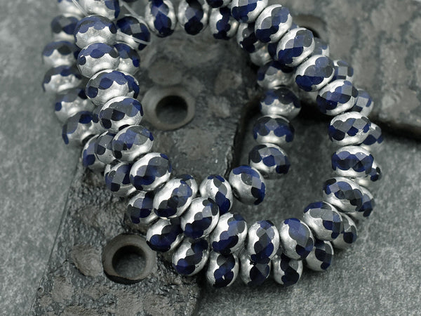 *25* 5x7mm Silver Washed Navy Blue Fire Polished Rondelle Beads