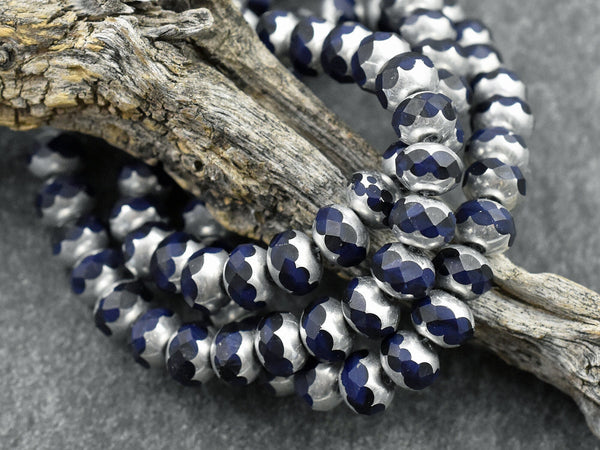 *25* 5x7mm Silver Washed Navy Blue Fire Polished Rondelle Beads