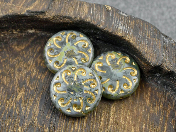 *2* 23mm Gold Washed Aqua Picasso Sun Coin Beads