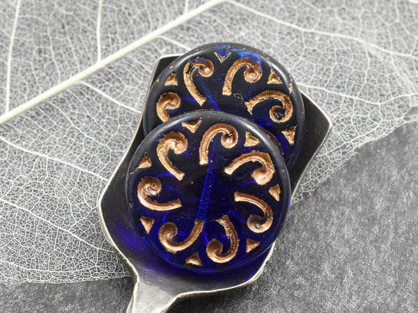 *2* 23mm Bronze Washed Cobalt Sun Coin Beads