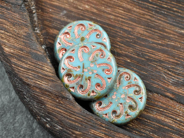 *2* 23mm Copper Washed Blue Turquoise Picasso Sun Coin Beads