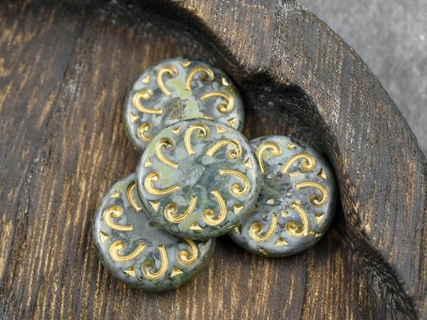 *2* 23mm Gold Washed Aqua Picasso Sun Coin Beads