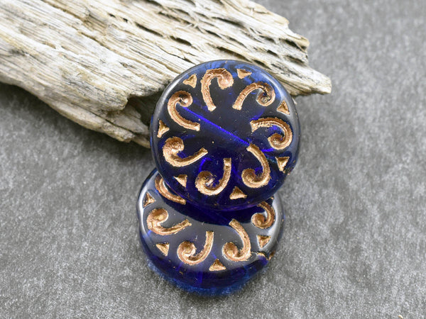 *2* 23mm Bronze Washed Cobalt Sun Coin Beads