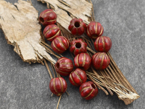 *20* 8mm Bronze Washed Varigated Red Large Hole Melon Beads