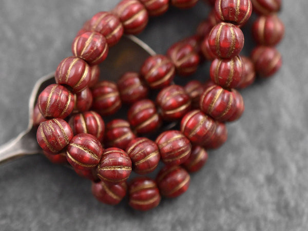 *20* 8mm Bronze Washed Varigated Red Large Hole Melon Beads