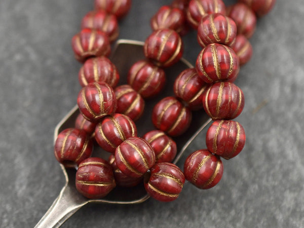 *20* 8mm Bronze Washed Varigated Red Large Hole Melon Beads