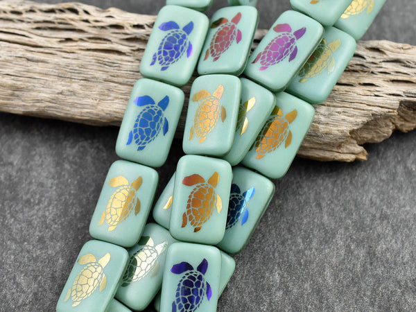 *6* 18x12mm Opaque Turquoise Sliperit Laser Tattoo Rectangle Turtle Beads