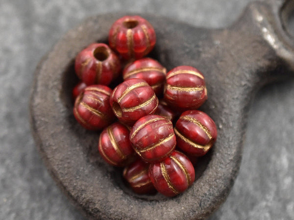 *20* 8mm Bronze Washed Varigated Red Large Hole Melon Beads