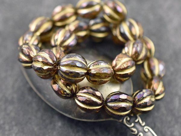 *12* 10mm Gold Washed Root Beer Topaz AB Faceted Round Melon Beads