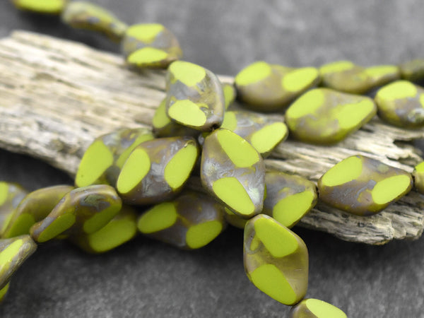 *11* 12x18mm Opaque Chartreuse Picasso 2 Cut Diamond Beads