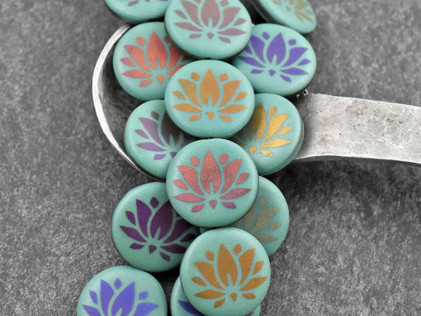 *8* 17mm Opaque Turquoise Sliperit Lotus Flower Laser Tattoo Coin Beads