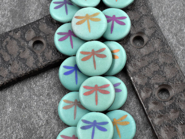 *8* 17mm Opaque Dark Turquoise Laser Tattoo Dragonfly Coin Beads