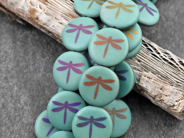 *8* 17mm Opaque Dark Turquoise Laser Tattoo Dragonfly Coin Beads