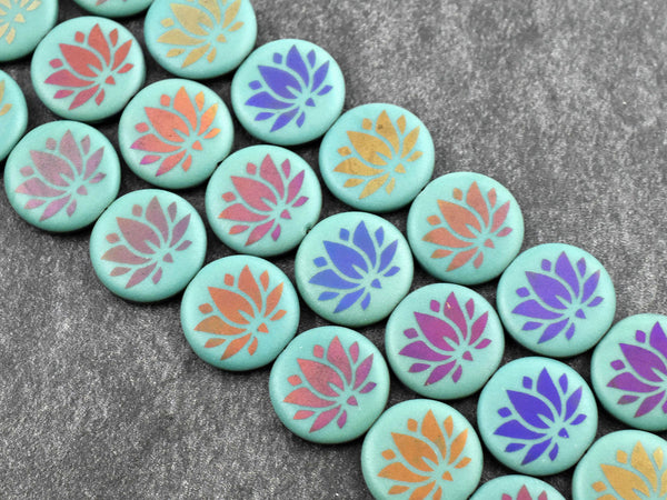 *8* 17mm Opaque Turquoise Sliperit Lotus Flower Laser Tattoo Coin Beads