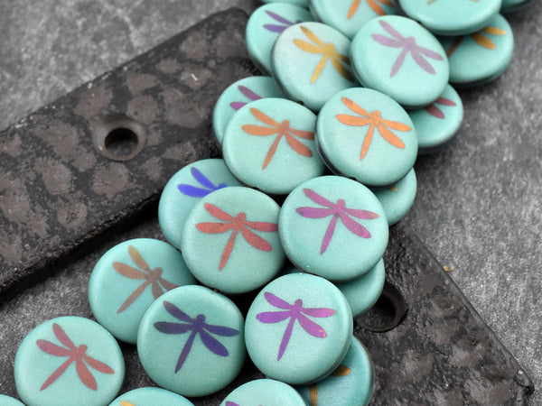 *8* 17mm Opaque Dark Turquoise Laser Tattoo Dragonfly Coin Beads