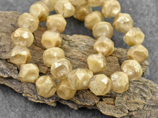 *15* 9mm Antique Gold Washed Blended Ivory Crystal Central Cut Round Beads