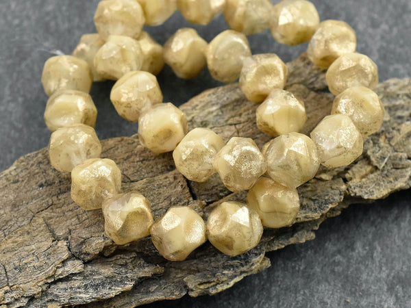 *15* 9mm Antique Gold Washed Blended Ivory Crystal Central Cut Round Beads