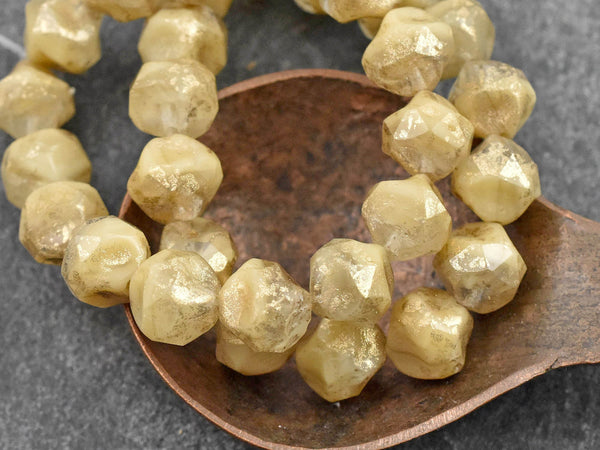 *15* 9mm Antique Gold Washed Blended Ivory Crystal Central Cut Round Beads