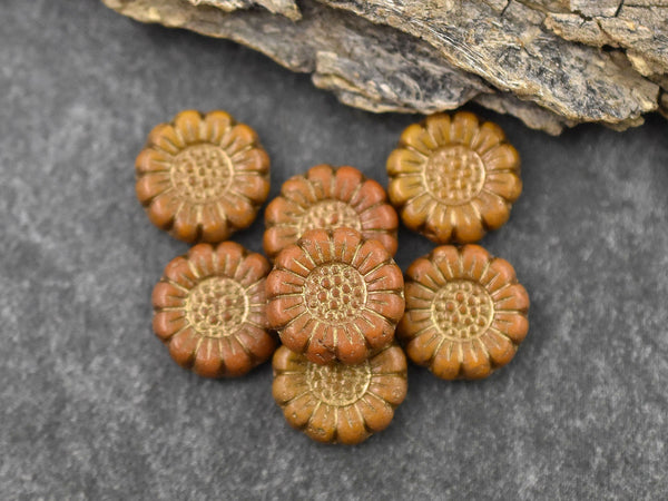 *12* 13mm Dark Bronze Washed Opaque Ochre Yellow Sunflower Coin Beads