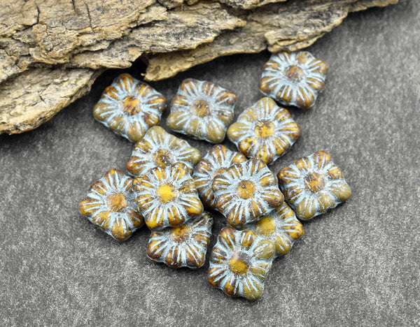 Flower Beads - Czech Glass Beads - Czech Glass Flowers - Picasso Beads - Square Flowers - 11mm Flower - 13pcs - (5892)