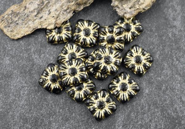 Flower Beads - Czech Glass Beads - Czech Glass Flowers - Picasso Beads - Square Flowers - 11mm Flower - 13pcs - (5580)