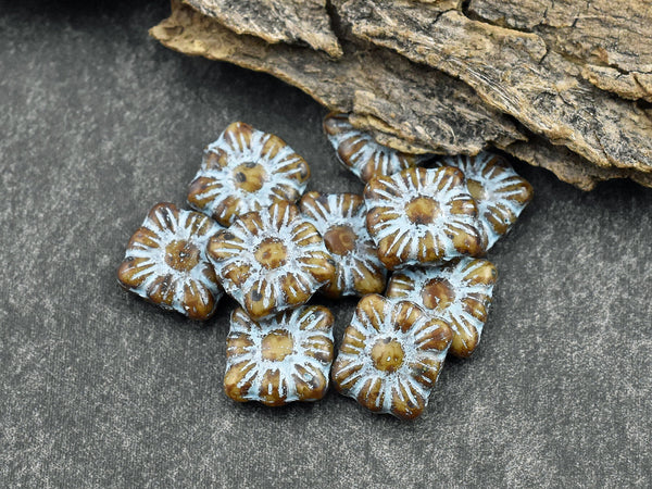 Picasso Beads - Flower Beads - Czech Glass Beads - Czech Glass Flowers - Square Flowers - 11mm Flower - 13pcs - (4387)