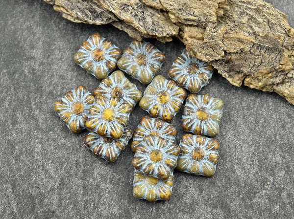 Flower Beads - Czech Glass Beads - Czech Glass Flowers - Picasso Beads - Square Flowers - 11mm Flower - 13pcs - (5892)