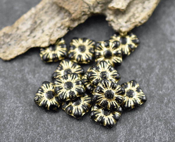 Flower Beads - Czech Glass Beads - Czech Glass Flowers - Picasso Beads - Square Flowers - 11mm Flower - 13pcs - (5580)