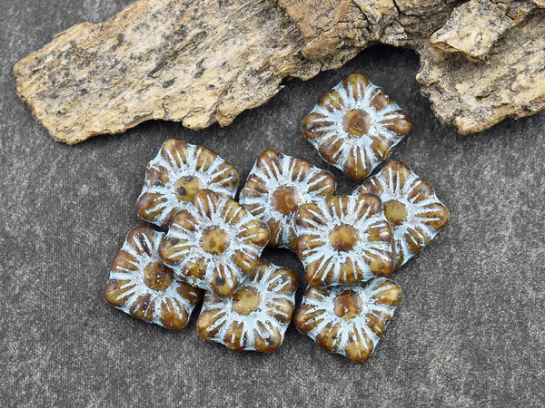 Picasso Beads - Flower Beads - Czech Glass Beads - Czech Glass Flowers - Square Flowers - 11mm Flower - 13pcs - (4387)