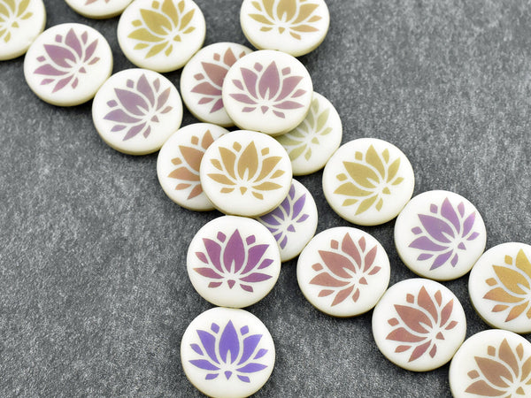 *8* 17mm Matte Opaque Ivory Sliperit Laser Etched Lotus Coin Beads