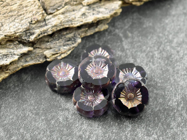 Czech Glass Beads - Hawaiian Flower Beads - Czech Glass Flowers - Purple Flower Beads - Hibiscus Flower - 12mm - 12pcs (B132)