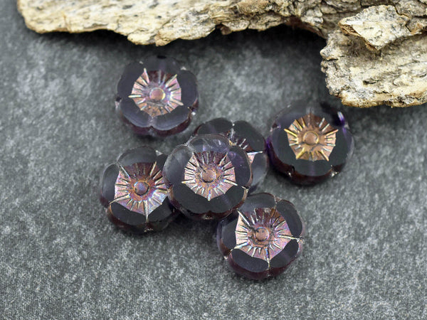 Czech Glass Beads - Hawaiian Flower Beads - Czech Glass Flowers - Purple Flower Beads - Hibiscus Flower - 12mm - 12pcs (B132)