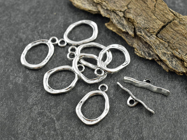 Toggle Clasps - Silver Toggle Clasp - Metal Clasp - Jewelry Clasp - Hammered Clasp - Bead Findings - 22x16mm - 10 Sets - (A125)